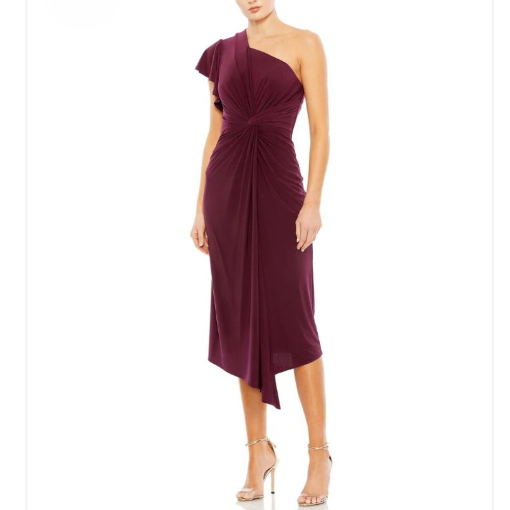 Mac Duggal Natalia One Shoulder Midi Dress in Plum